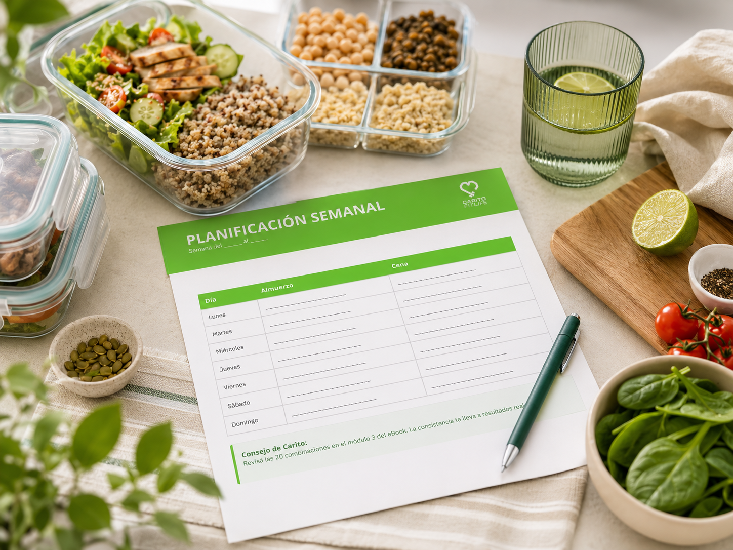 Planner semanal apoyado sobre una mesa con alimentos y preparaciones saludables