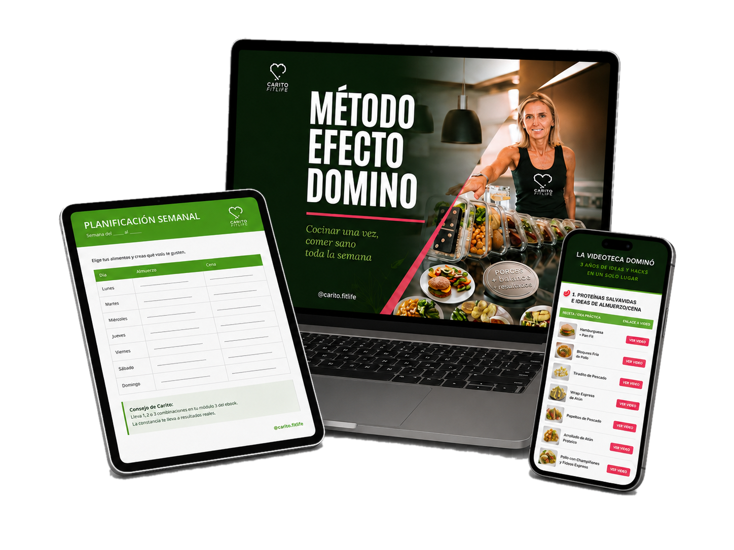 El Método Efecto Dominó mostrado en notebook, tablet y celular
